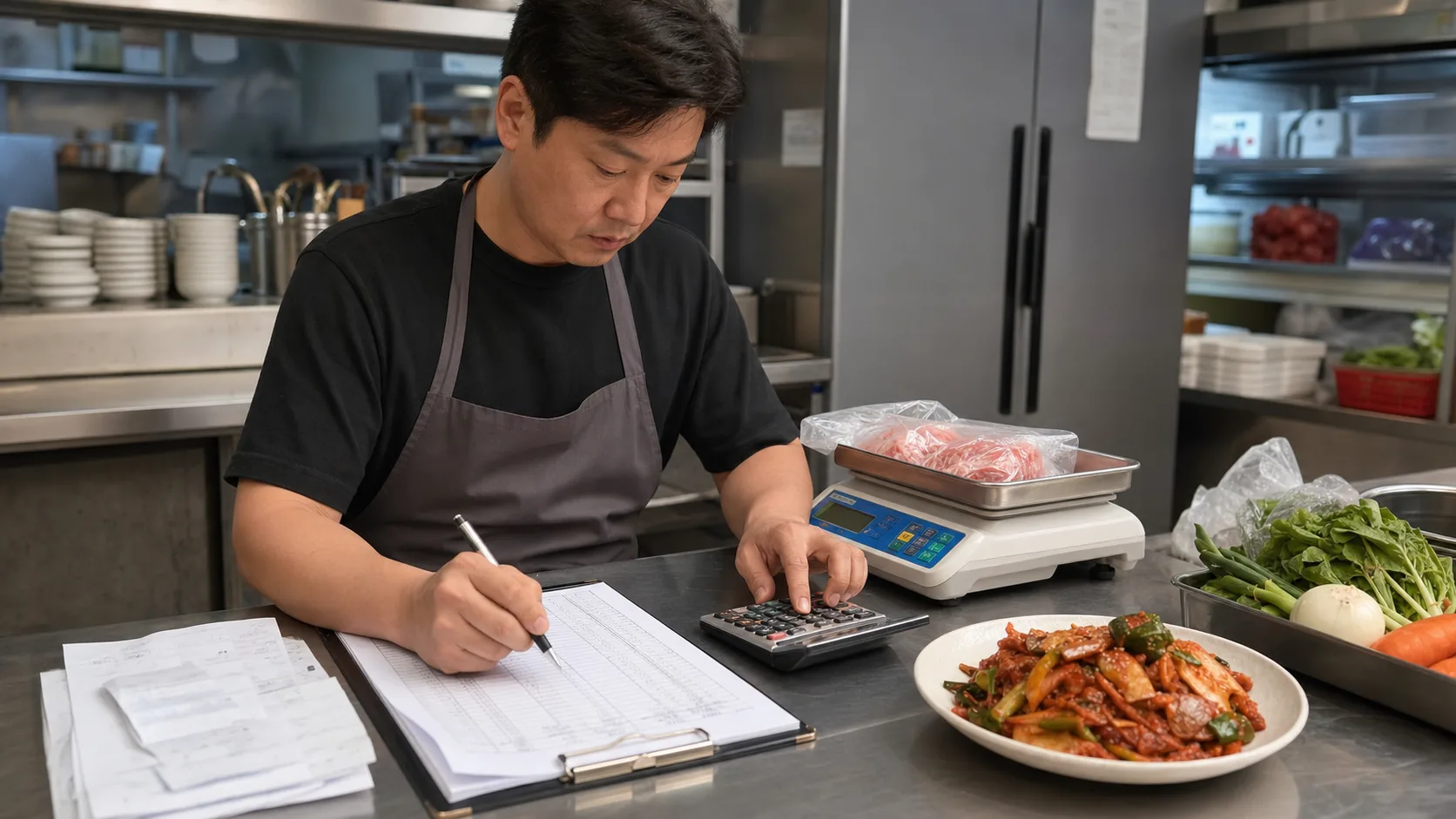식재료 무게와 매입자료로 음식점 메뉴 원가표를 작성하는 사장님