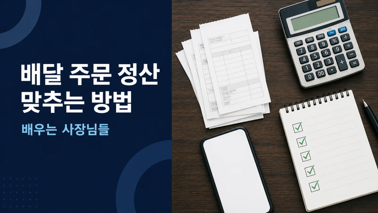 배달 주문 정산 맞추는 방법 제목과 주문표, 계산기, 체크리스트